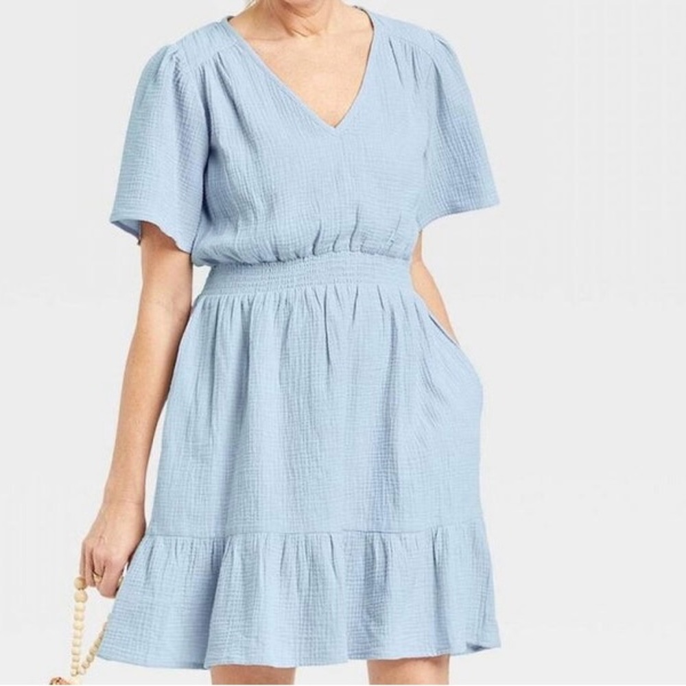 Knox Rose  Dress Powder Blue Cottagecore Short Sleeve Gauze Knee Length Medium